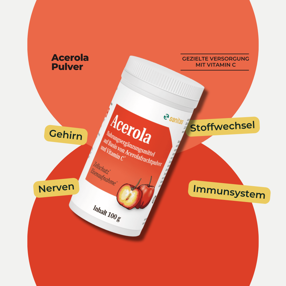 Acerola-Pulver von sanitas 100g – gezielte Versorgung mit Vitamin C, unterstützt Gehirn, Nerven, Stoffwechsel und Immunsystem