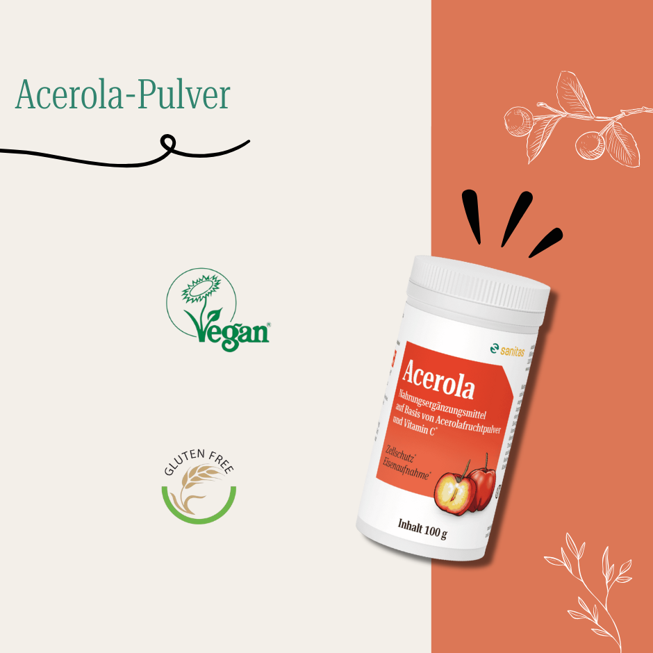 Acerola-Pulver von sanitas – 100g Dose mit vegan und glutenfrei Siegeln, Nahrungsergänzungsmittel mit Vitamin C