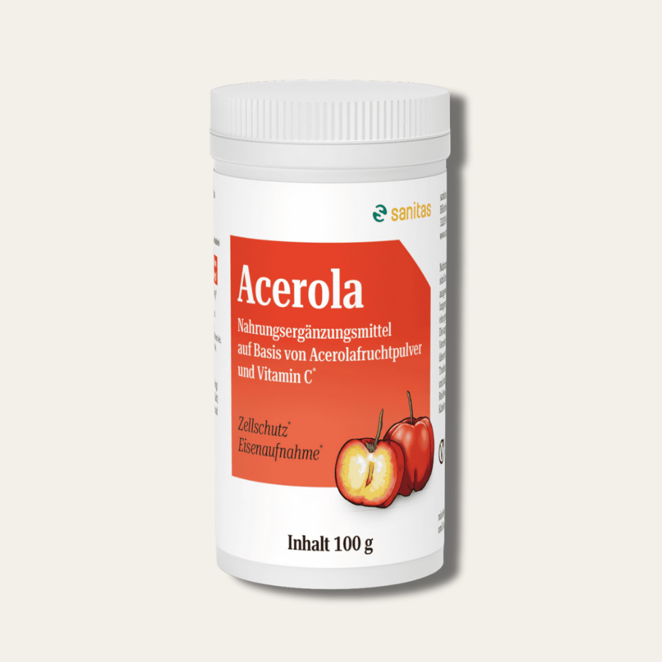 Acerola-Pulver von sanitas in weißer Dose, 100g – Nahrungsergänzungsmittel auf Basis von Acerolafruchtpulver und Vitamin C