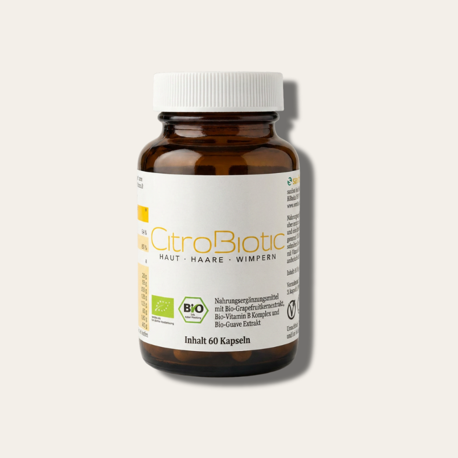 CitroBiotic® Haut-Haare-Wimpern – Braunglasflasche mit 60 Bio-Kapseln, vegan, mit Bio-Grapefruitkernextrakt, Bio-Vitamin-B-Komplex und Bio-Guave-Extrakt