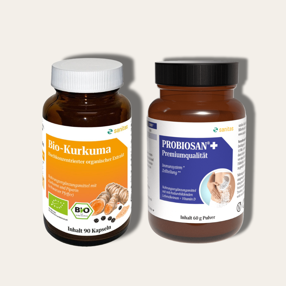 Darm & Verdauungs-Bundle von sanitas – PROBIOSAN®+ 60g mit lebenden Bakterienkulturen und BIO-Kurkuma 90 Kapseln, ganzheitliche Unterstützung für Darmgesundheit und Verdauung
