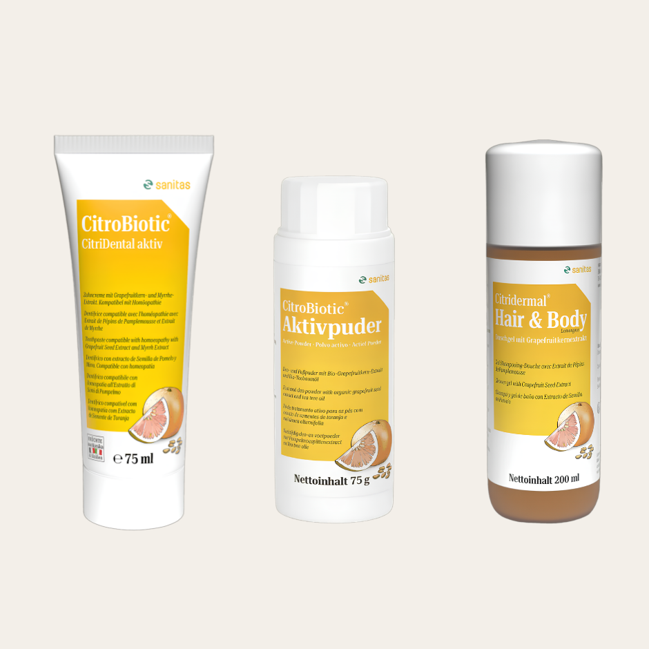 Die natürlichen Alltagshelden Bundle von sanitas – Citridermal Duschgel Hair & Body 200ml, CitroBiotic Aktivpuder 75g und CitriDental aktiv Zahncreme 75ml mit Grapefruitkernextrakt