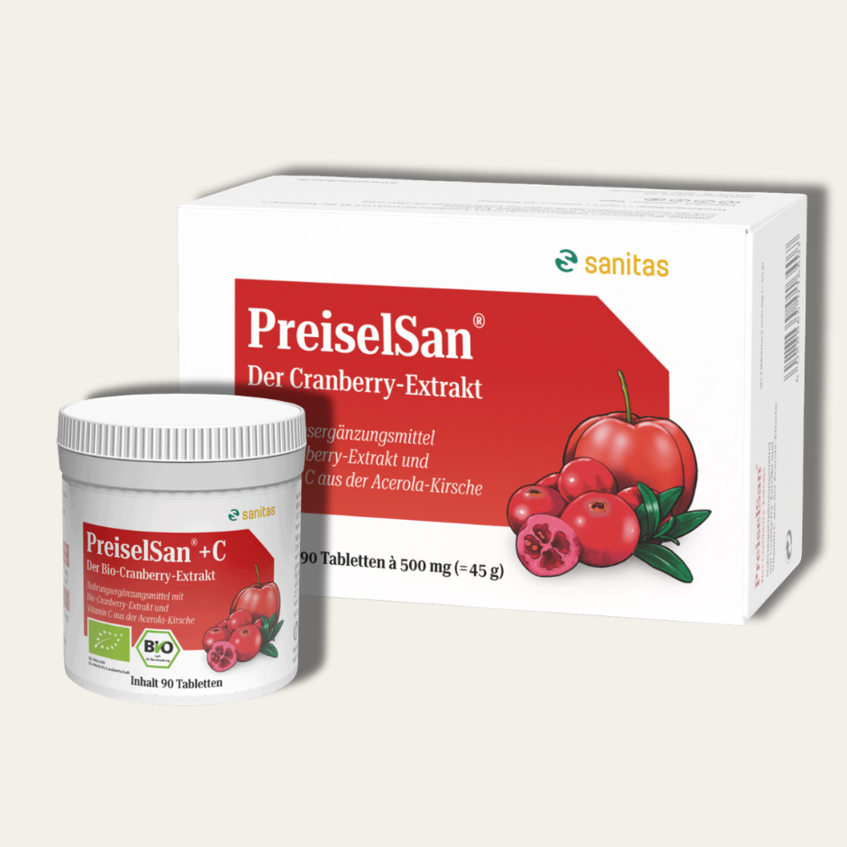 Harnwegs-Bundle von sanitas – PREISELSAN® 90 Kapseln und PREISELSAN® + C BIO 90 Kapseln, natürliche Unterstützung für Blase und Harnwege mit Preiselbeere und Vitamin C