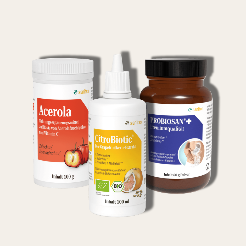 Immunschutz-Bundle von sanitas – CitroBiotic® Bio-Grapefruitkernextrakt 100ml, Acerola-Pulver 100g und PROBIOSAN®+ 60g, natürliche Immunstärkung mit Vitamin C und Probiotika, vegan