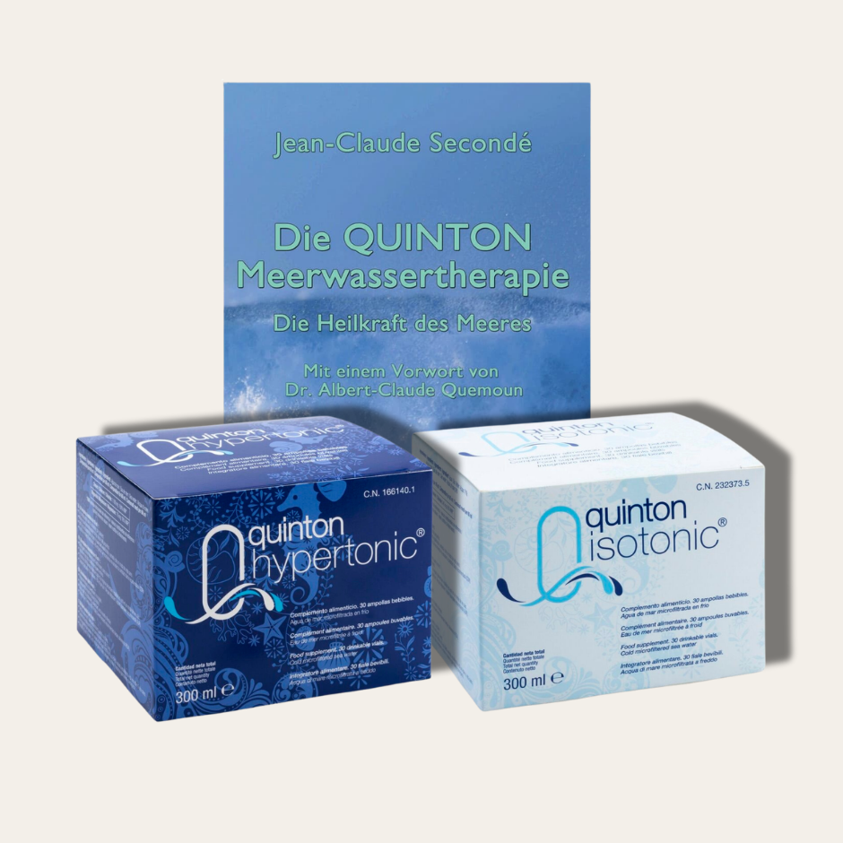 Meerwasser Starter-Bundle von sanitas – Quinton Isotonic 300ml, Quinton Hypertonic 300ml und Buch Die Quinton-Meerwassertherapie, Einsteigerpaket Meerwassertherapie mit Trinkampullen