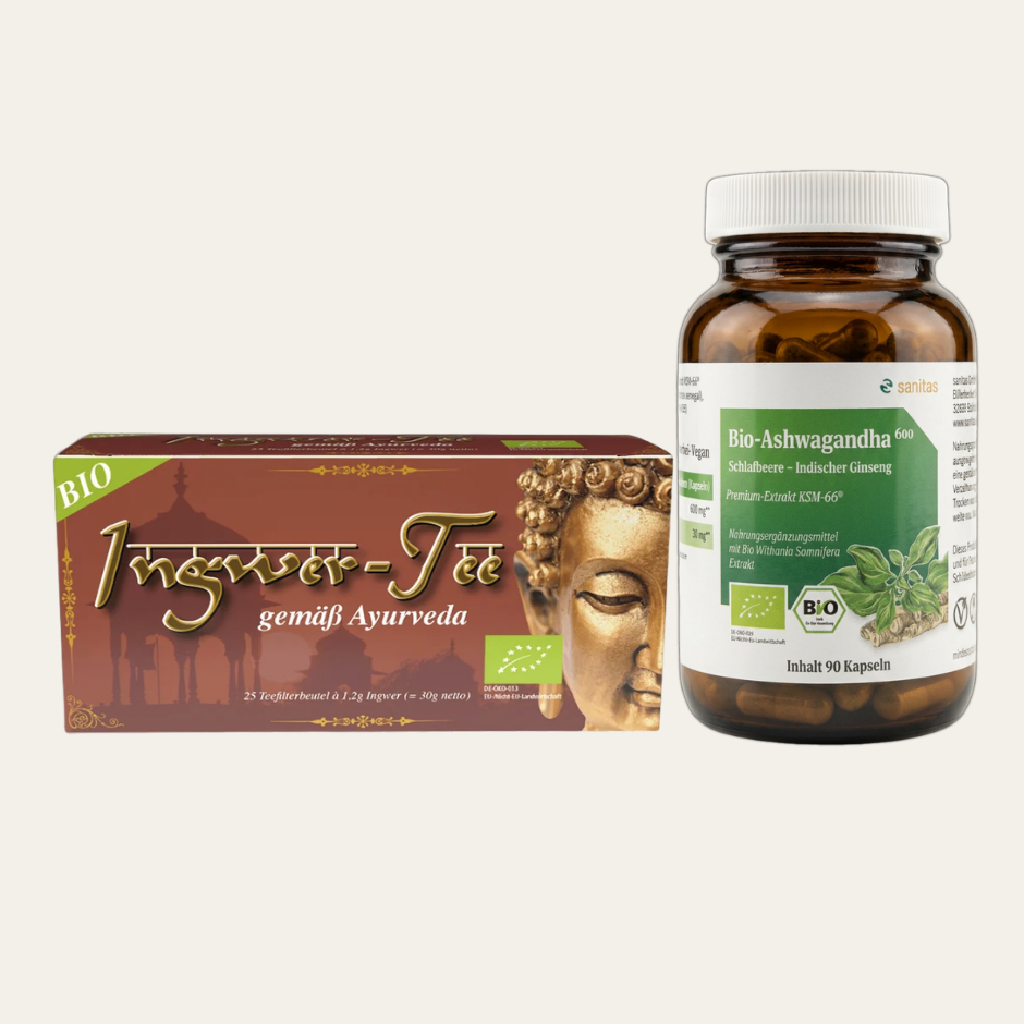Dein neues Abendritual Bundle von sanitas – Bio Ashwagandha 90 Kapseln mit KSM-66 Extrakt und Ingwer-Tee BIO 25 Teebeutel
