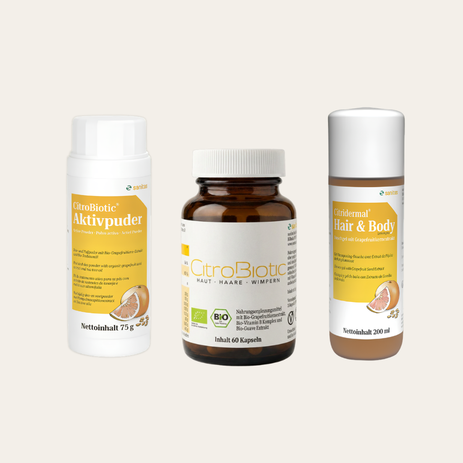 Beauty & Pflege Bundle von sanitas – CitroBiotic Haut · Haare · Wimpern, Citridermal Duschgel Hair & Body 200ml und CitroBiotic Aktivpuder 75g mit Grapefruitkernextrakt