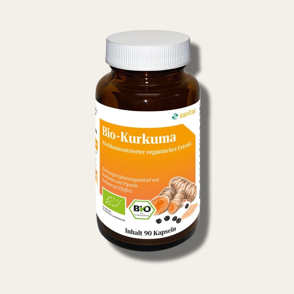 Bio-Kurkuma von sanitas – 90 Kapseln mit hochkonzentriertem Bio-Curcuma longa Extrakt und Bio-schwarzem Pfefferextrakt (Piperin), glutenfrei, laktosefrei, hergestellt in Deutschland