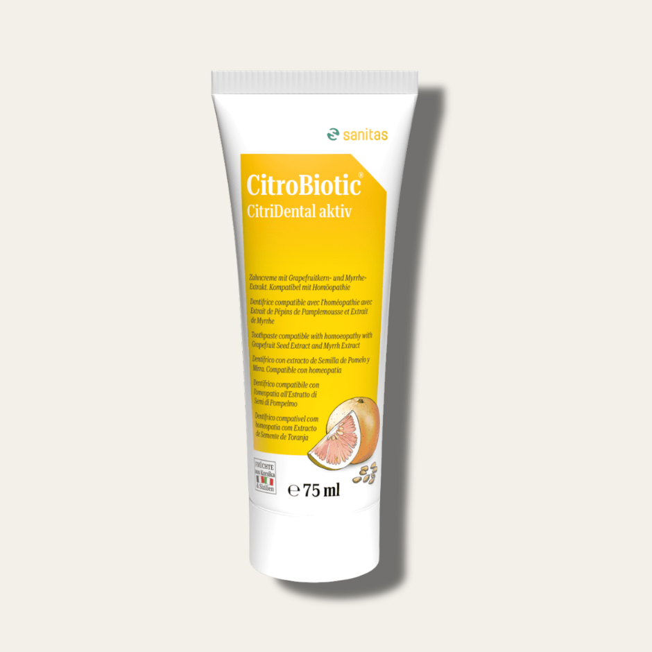 CitroBiotic® CitriDental aktiv Zahncreme von sanitas – 75ml, fluorid- und mentholfreie Zahnpasta mit Grapefruitkern- und Myrrheextrakt, homöopathieverträglich, mikroplastikfrei
