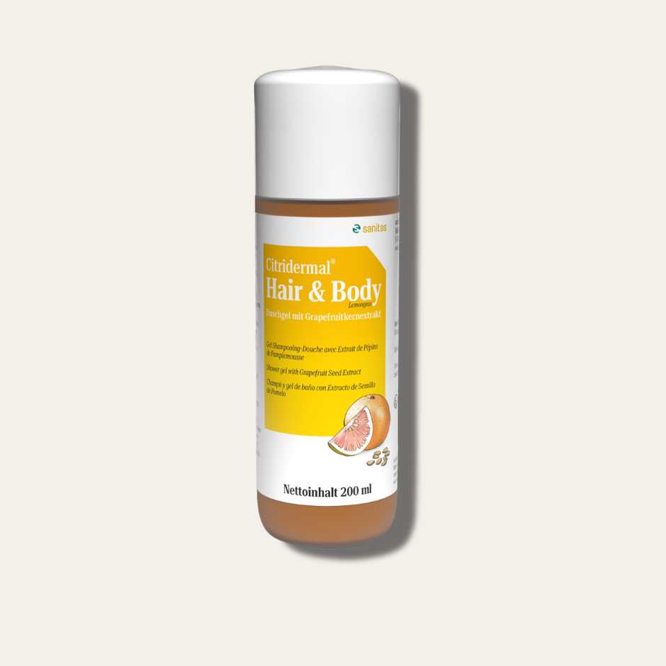 Citridermal Hair & Body Duschgel von sanitas – 200ml, mildes Shampoo-Duschgel mit Grapefruitkernextrakt und Zitronengras, mikroplastikfrei