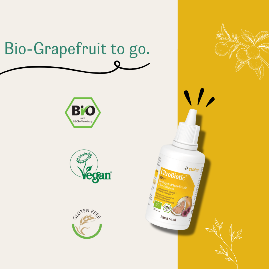 CitroBiotic® aktiv+ von sanitas 60ml – Bio-Grapefruit Nahrungsergänzungsmittel mit Bio- Vegan- und Glutenfrei-Siegel