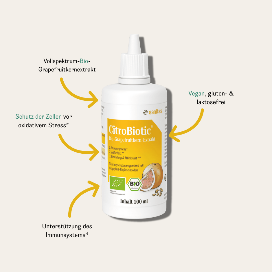 CitroBiotic® Bio-GKE von sanitas 100ml – Vollspektrum-Bio-Grapefruitkernextrakt, unterstützt Immunsystem und Zellschutz, vegan, gluten- und laktosefrei