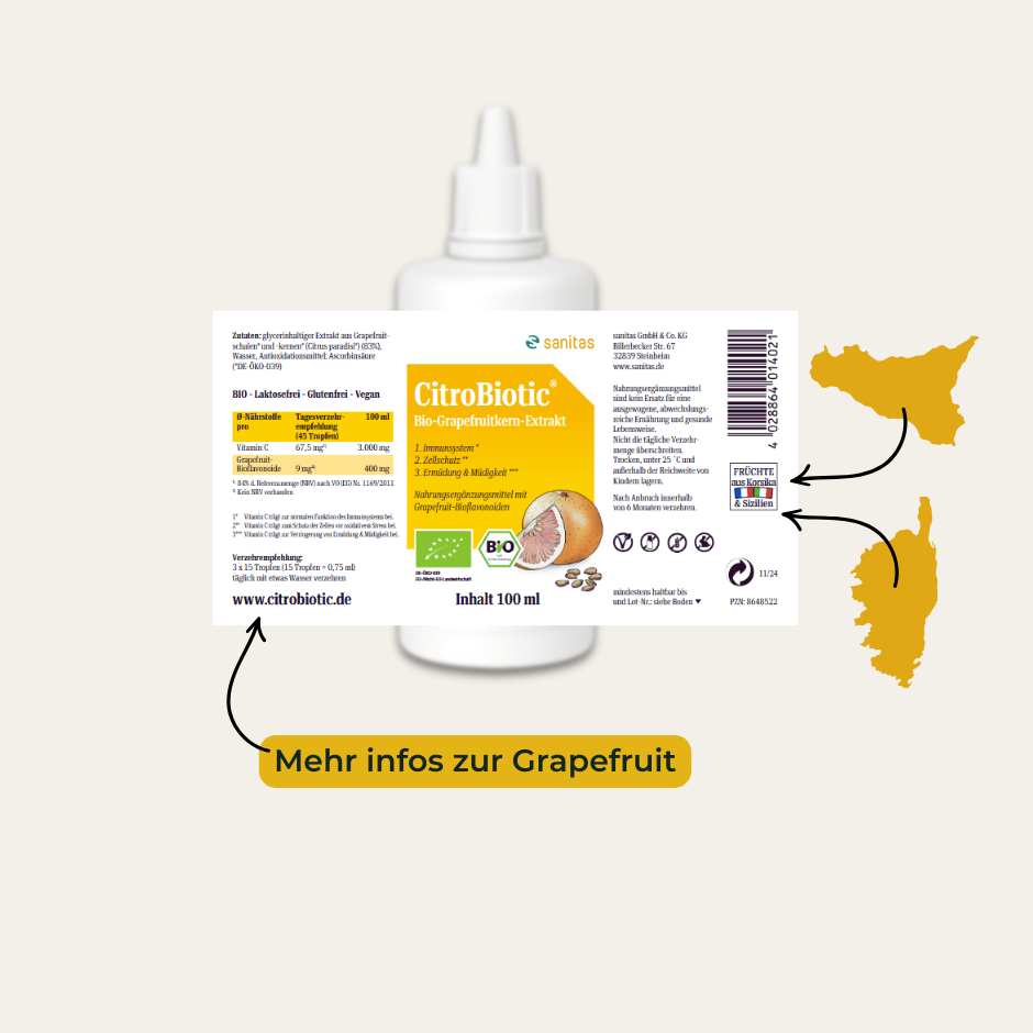 CitroBiotic® Bio-GKE von sanitas 100ml – Detailansicht Etikett mit Nährwertangaben, Herkunft der Grapefruits aus Südeuropa (Korsika, Sizilien)