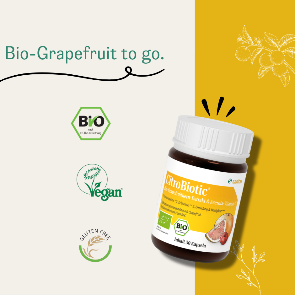 CitroBiotic® Kapseln von sanitas – Bio-Grapefruitkernextrakt mit Acerola-Vitamin C, 30 Kapseln, mit Bio-, Vegan- und Glutenfrei-Siegel