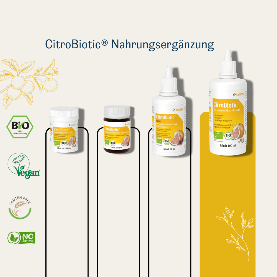 CitroBiotic® Nahrungsergänzung von sanitas – alle Varianten: Tabletten, Kapseln, 60ml und 100ml Flüssigextrakt, bio, vegan, glutenfrei, ohne Zusatzstoffe
