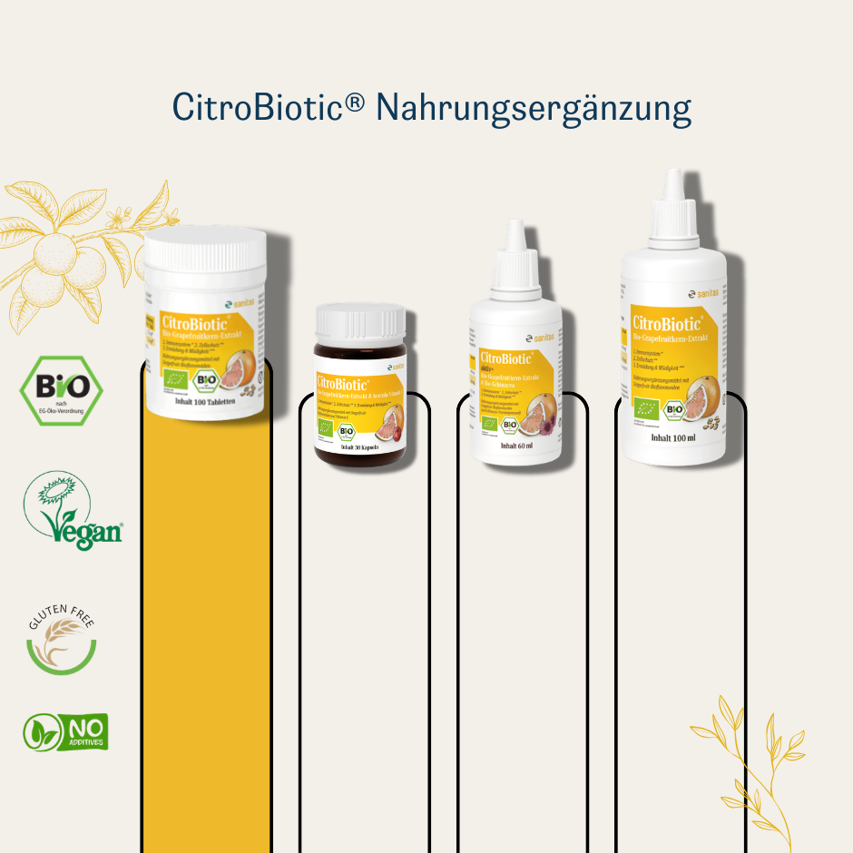 CitroBiotic® Nahrungsergänzung von sanitas – alle Varianten im Überblick: 100 Tabletten, 30 Kapseln, 60ml und 100ml Flüssigextrakt, bio, vegan, glutenfrei, ohne Zusatzstoffe