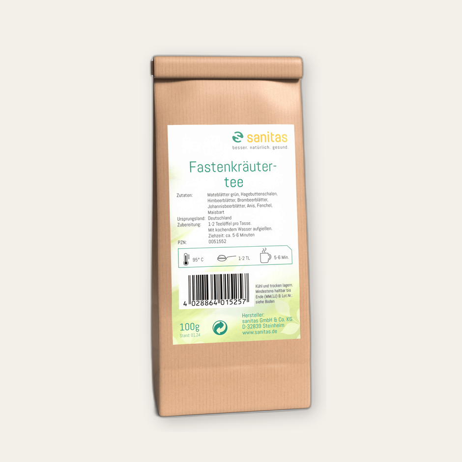 Fastenkräutertee von sanitas – 100g, Kräutermischung mit Mate, Hagebutte, Himbeere, Brombeere, Johannisbeere, Anis, Fenchel und Maisbart, glutenfrei, laktosefrei