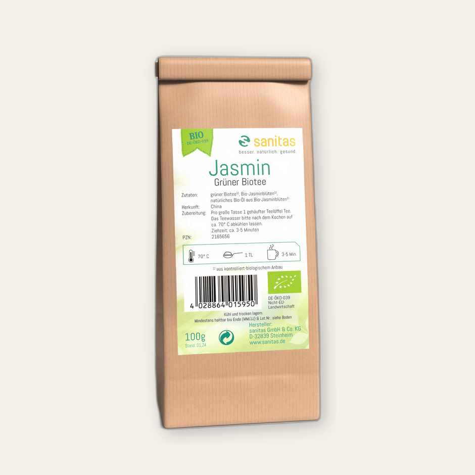 Grüner Bio-Tee Jasmin China von sanitas – 100g, kontrolliert-biologischer Grüntee mit Bio-Jasminblüten und natürlichem Jasmin-Aroma, glutenfrei, laktosefrei