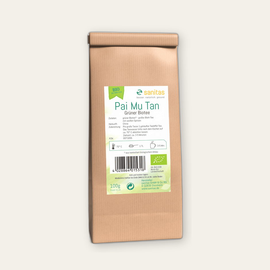 Grüner Bio-Tee Pai Mu Tan China von sanitas – 100g, kontrolliert-biologischer grüner Blatt-Tee mit weißen Spitzen aus China, glutenfrei, laktosefrei