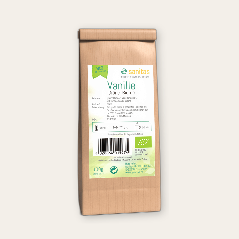 Grüner Bio-Tee Vanille Darjeeling von sanitas – 100g, kontrolliert-biologischer Grüntee mit natürlichem Vanillearoma, glutenfrei, laktosefrei