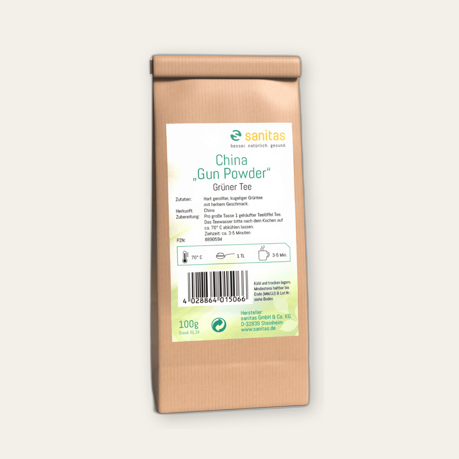 Grüner Tee China Gun Powder von sanitas – 100g, hart gerollter kugeliger Grüntee mit herbem Geschmack aus China, glutenfrei, laktosefrei