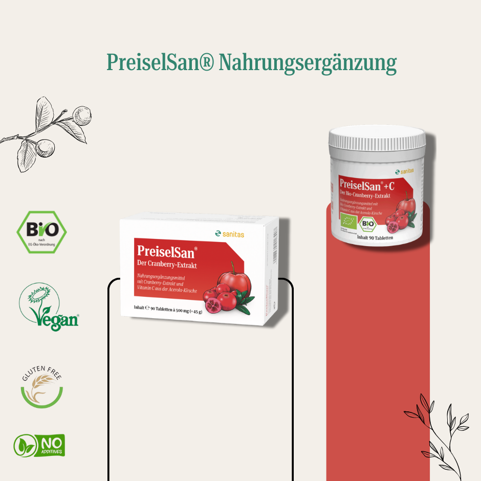 PreiselSan® Nahrungsergänzung von sanitas – Produktübersicht: PREISELSAN® Tabletten und PREISELSAN® +C BIO, bio, vegan, glutenfrei, ohne Zusatzstoffe