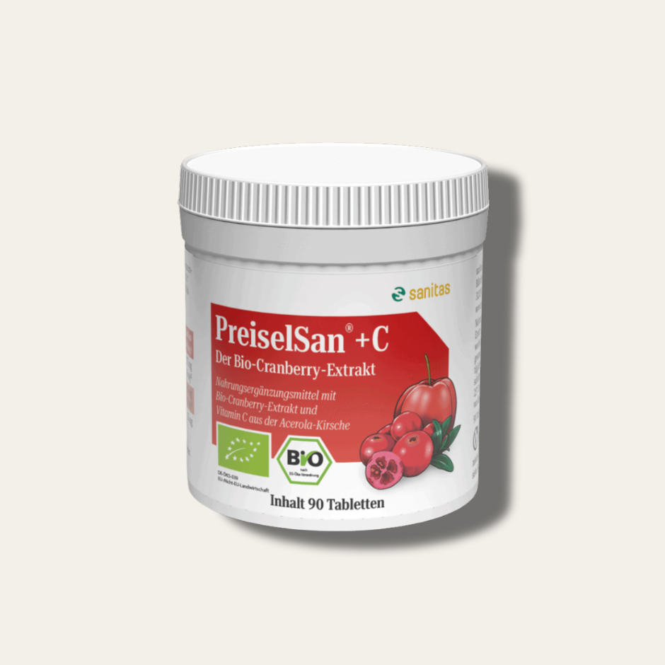 PREISELSAN® +C BIO von sanitas – 90 Tabletten, Nahrungsergänzungsmittel mit Bio-Cranberryextrakt und natürlichem Bio-Acerola-Vitamin C, bio, vegan, glutenfrei
