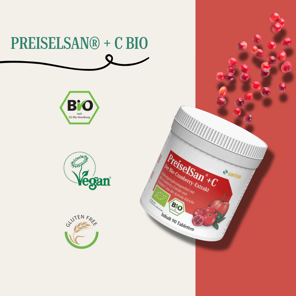 PREISELSAN® +C BIO von sanitas – Bio-Cranberry-Extrakt Tabletten mit Bio-, Vegan- und Glutenfrei-Siegel, 90 Tabletten