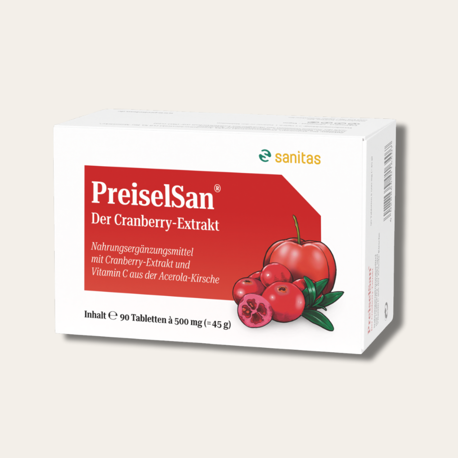 PREISELSAN® von sanitas – 90 Tabletten à 500mg, Nahrungsergänzungsmittel mit Cranberryextrakt und natürlichem Acerola-Vitamin C, vegan, glutenfrei