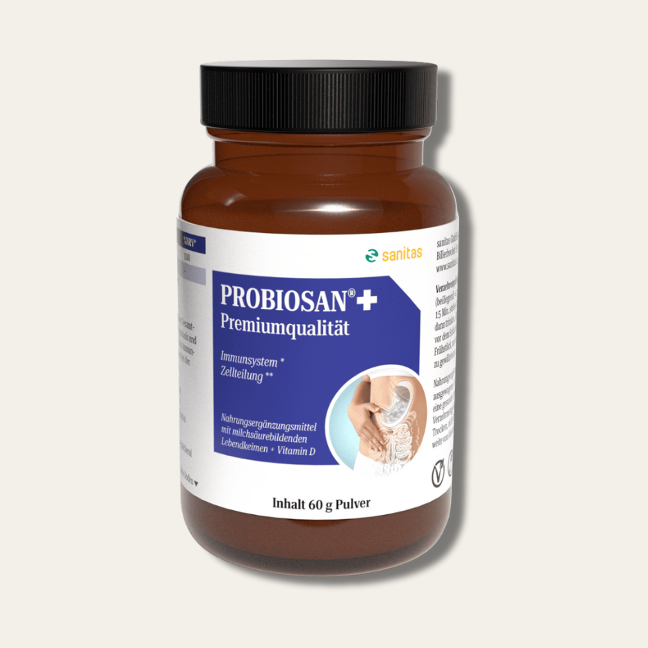 PROBIOSAN®+ von sanitas – 60g Pulver, Probiotika-Nahrungsergänzungsmittel mit 6 Milchsäurebakterienkulturen und Vitamin D, vegan, laktose- und glutenfrei