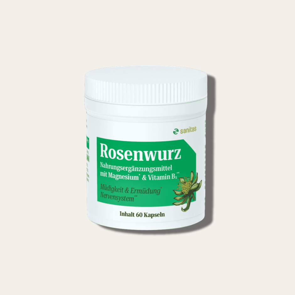 Rosenwurz von sanitas – 60 Kapseln mit Rhodiola rosea Extrakt, Magnesium und Vitamin B1, gegen Müdigkeit und zur Unterstützung des Nervensystems, vegan, glutenfrei