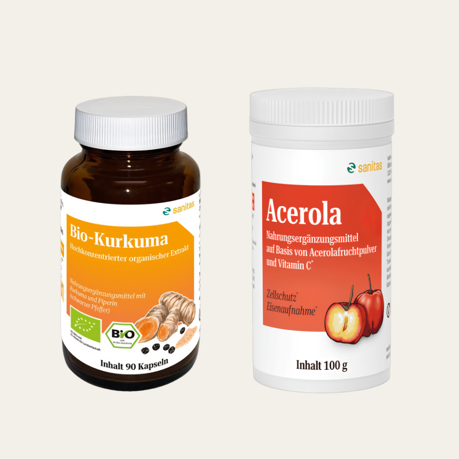 Natürliches Wohlbefinden Bundle von sanitas – Acerola-Pulver 100g mit Vitamin C und BIO-Kurkuma 90 Kapseln mit Bio-Piperin